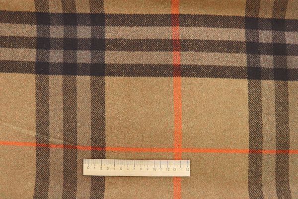 Пальтовая ткань "Микроворса" принт/клетка черно-оранжевая на светло-коричневом 1150-21527/C#2 (3082)