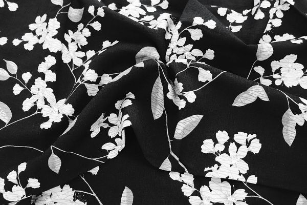 Лен БОХО принт/цветы бело-серые на черном 3730-PY/D#1/C#1