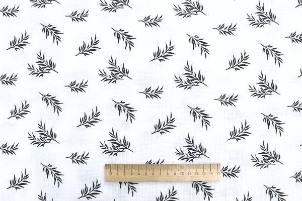 Муслин принт/листья черные на белом 1393-PY/D#14/C#3