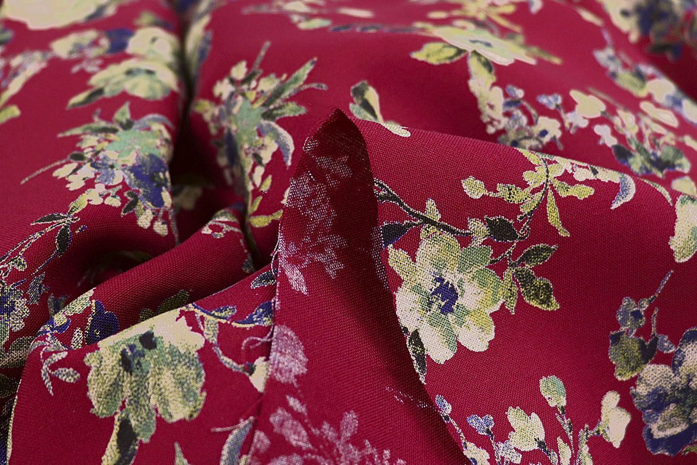 Штапель принт/цветы бежево-зеленые на бордовом 1466-PY/D#1/C#1