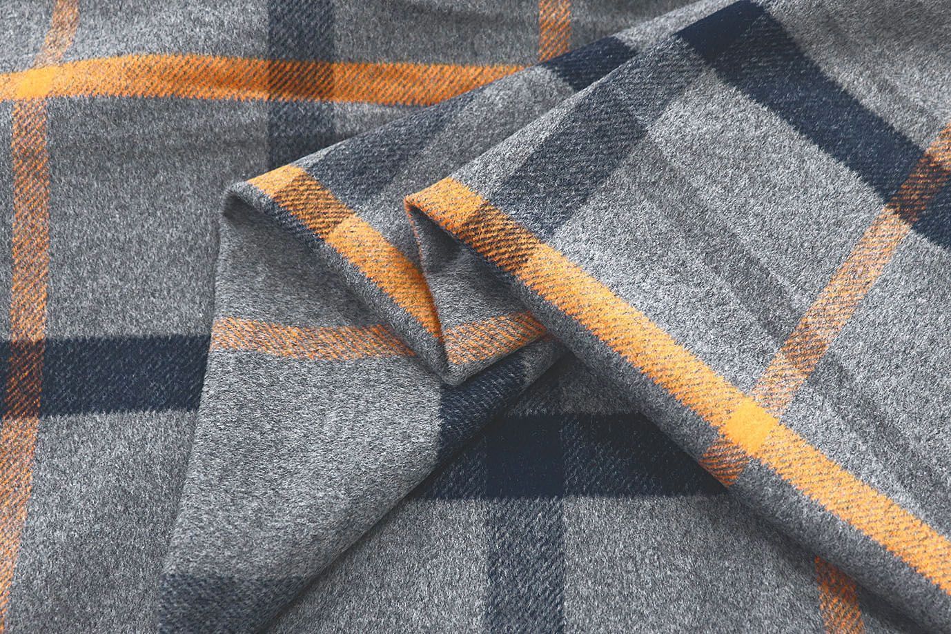 Пальтовая ткань "Микроворса" принт/клетка черно-оранжевая на сером 778-90135/C#8040-6