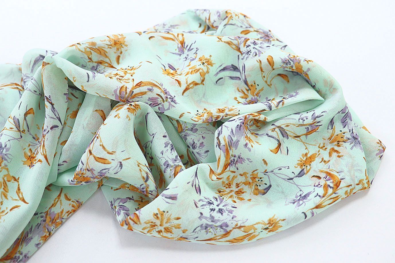 Шифон принт/цветы оранжево-фиолетовые на бирюзовом 3707-PY/D#14/C#3