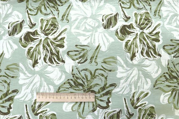 Лен БОХО принт/цветы оливково-коричневые на серо-зеленом 4077-PY/D#11/C#2