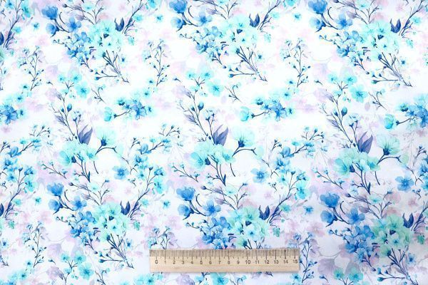 Штапель шелк принт/цветы бирюзово-голубые на белом 4113-PY/D#3/C#2