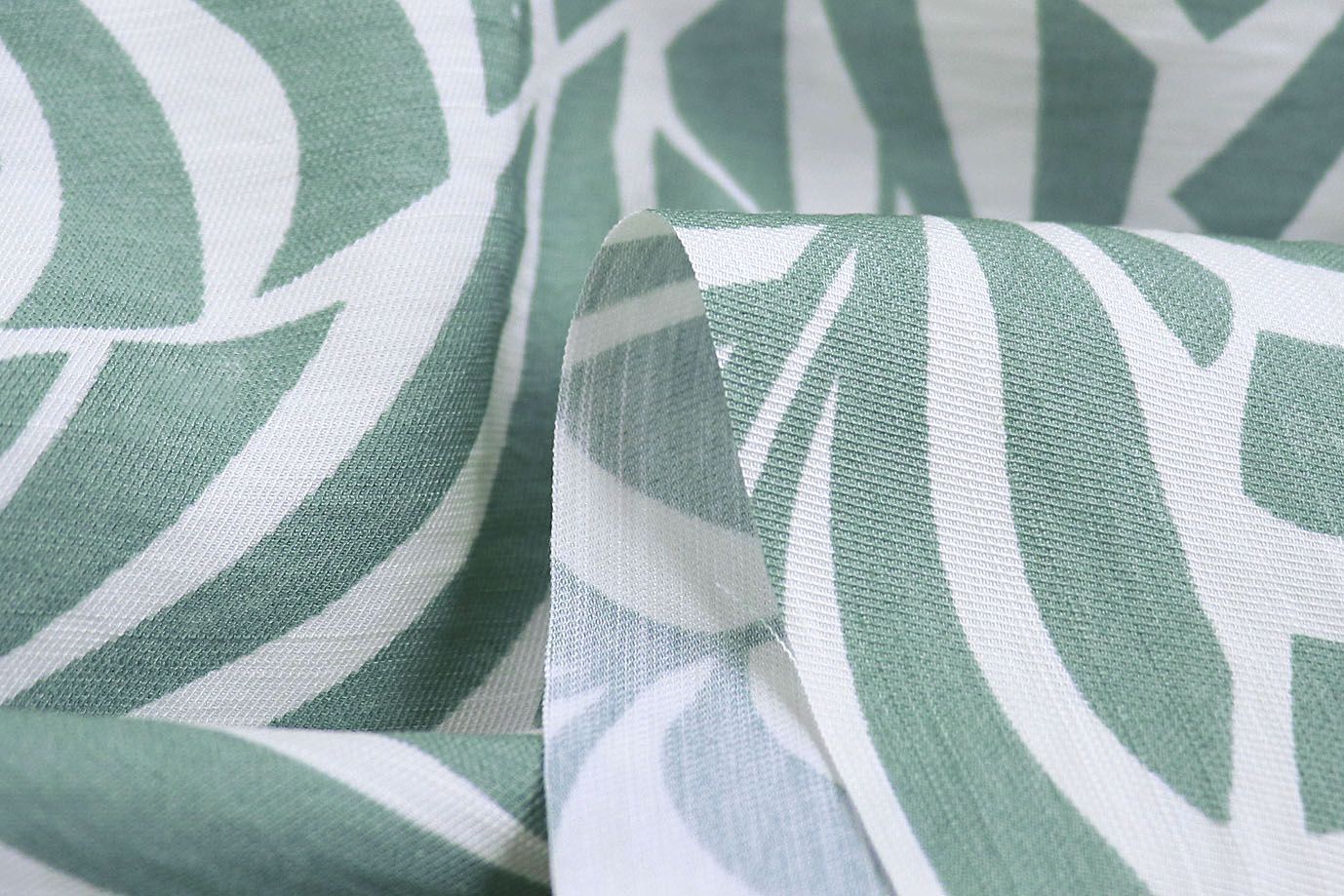 Лен N/R слаб принт/листья мятные на белом 3826-PY/D#2/C#2