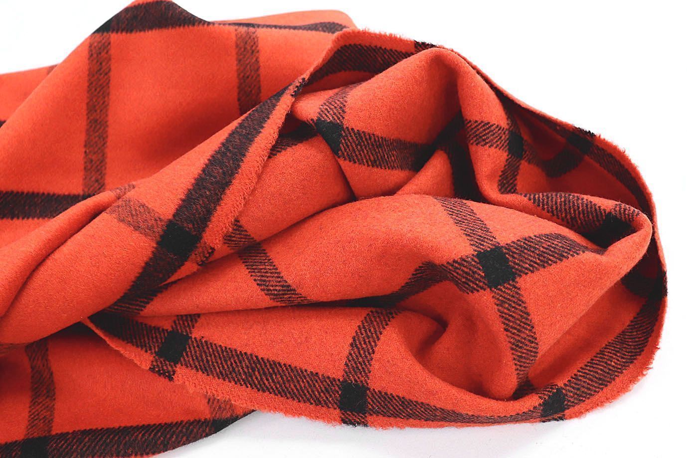 Пальтовая ткань "Микроворса" принт/клетка черная на коралловом 778-90135/C#8020-2