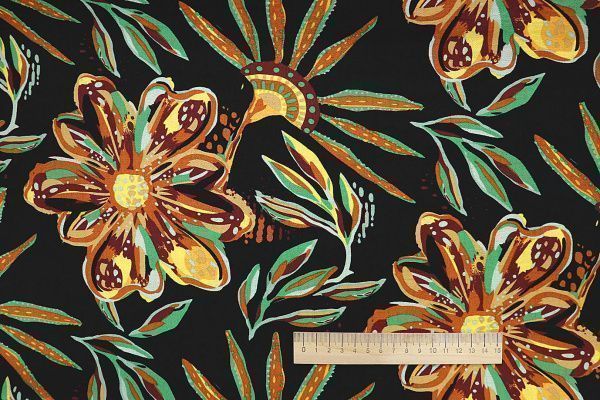 Лен БОХО принт/цветы желто-зеленые на черном 3637-PY/D#13/C#4