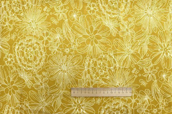 Штапель принт/цветы белые на горчичном 1374-PY/D#25/C#5