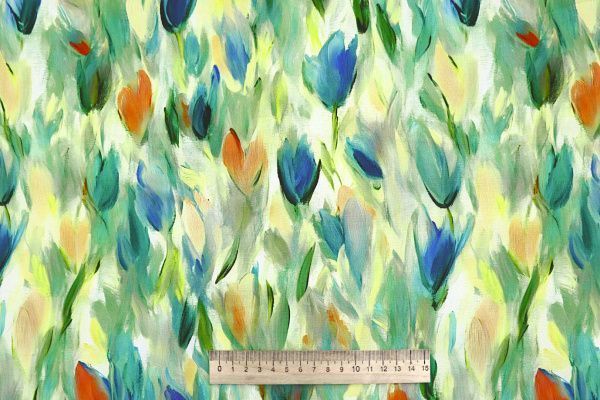 Штапель принт/цветы сине-оранжевые на зеленом 4205-PY/D#23/C#1