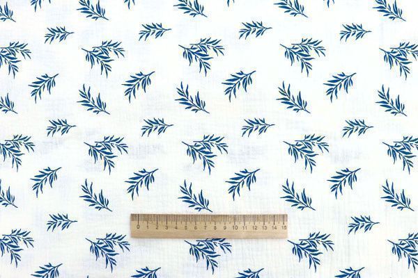 Муслин принт/листья синие на белом 1393-PY/D#14/C#2