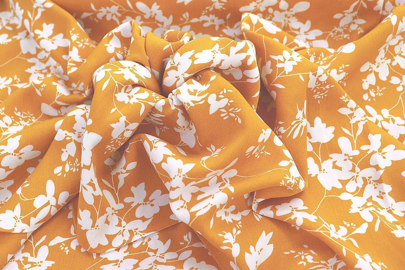 Штапель принт/цветы белые на оранжевом 1374-PY/D#34/C#8