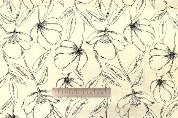 Лен БОХО принт/цветы черные на молочном 4077-PY/D#18/C#1