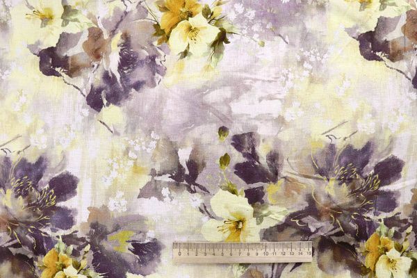 Лен принт/цветы желтые и серо-фиолетовые 4076-PY/D#24/C#1
