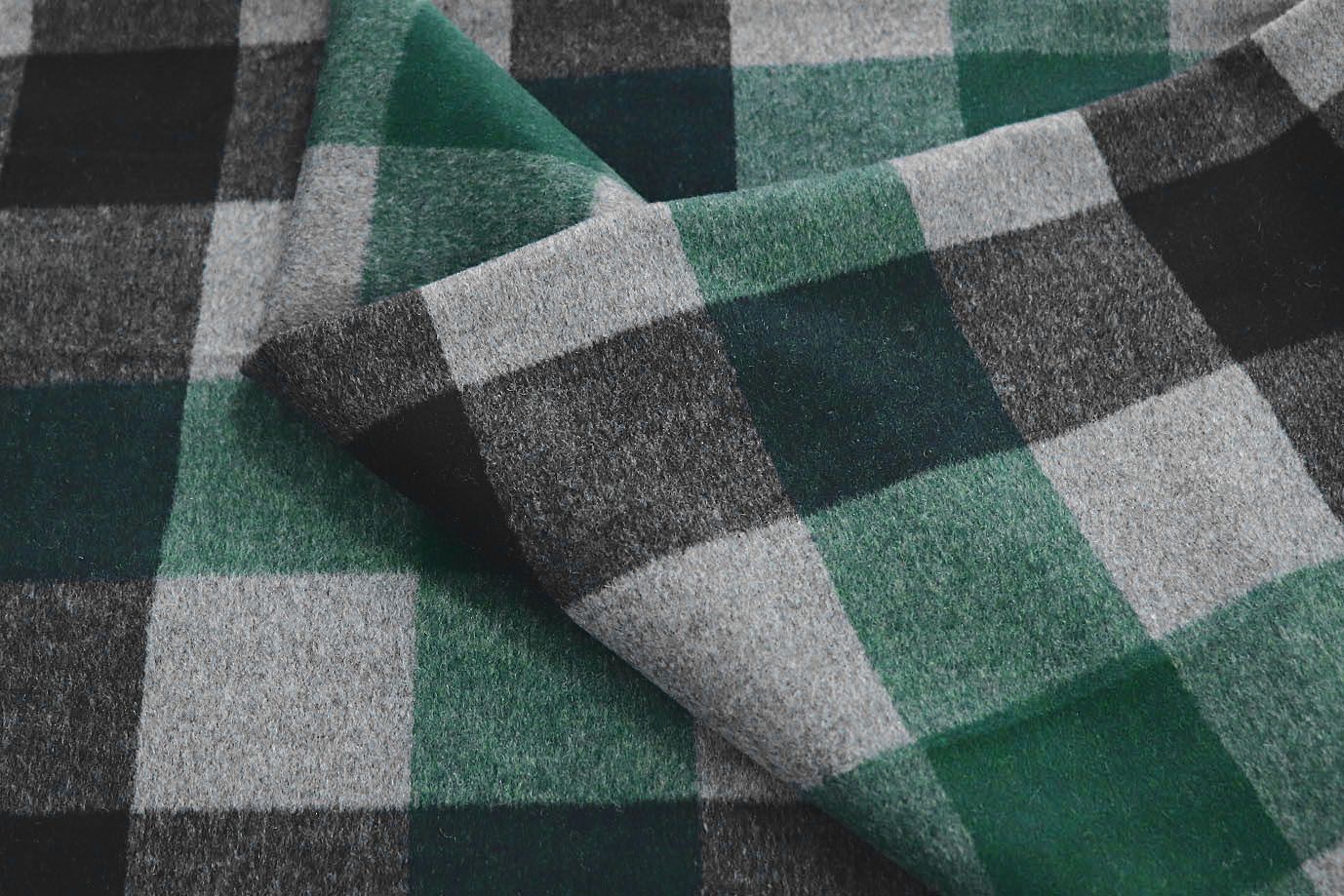 Пальтовая ткань "Микроворса" принт/клетка черно-зеленая на сером 1217-002/C#2