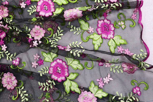 Сетка с вышивкой принт/цветы розовые на черном 2039/C#1