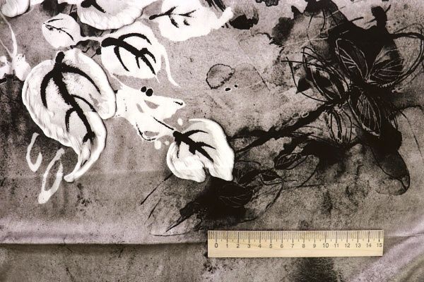 Шелк принт/цветы черно-белые на коричневом 3881-PY/D#4/C#4