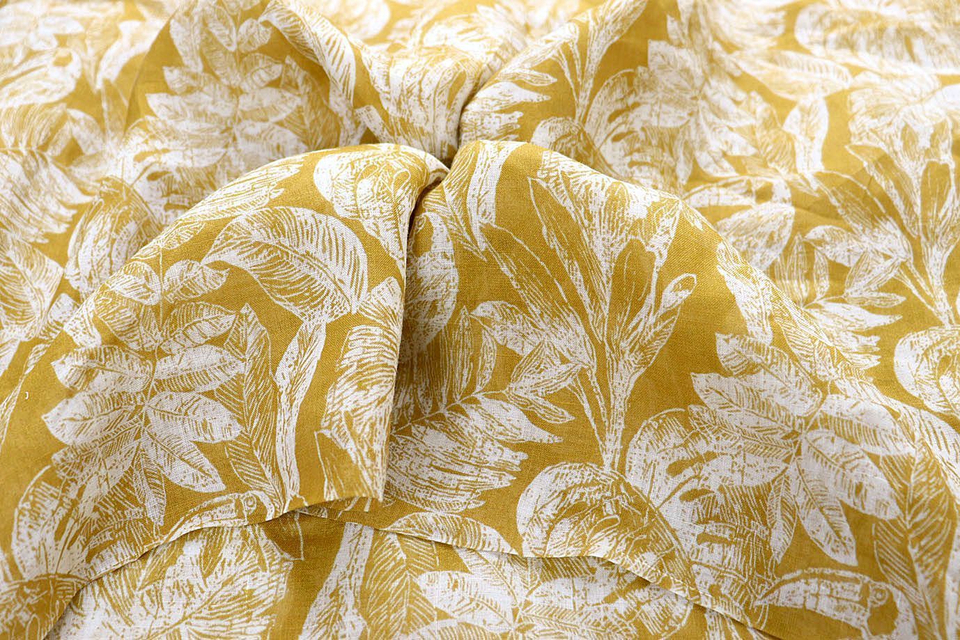 Вуаль-лен принт/листья белые на желтом 4038-1-PY/D#1/C#1