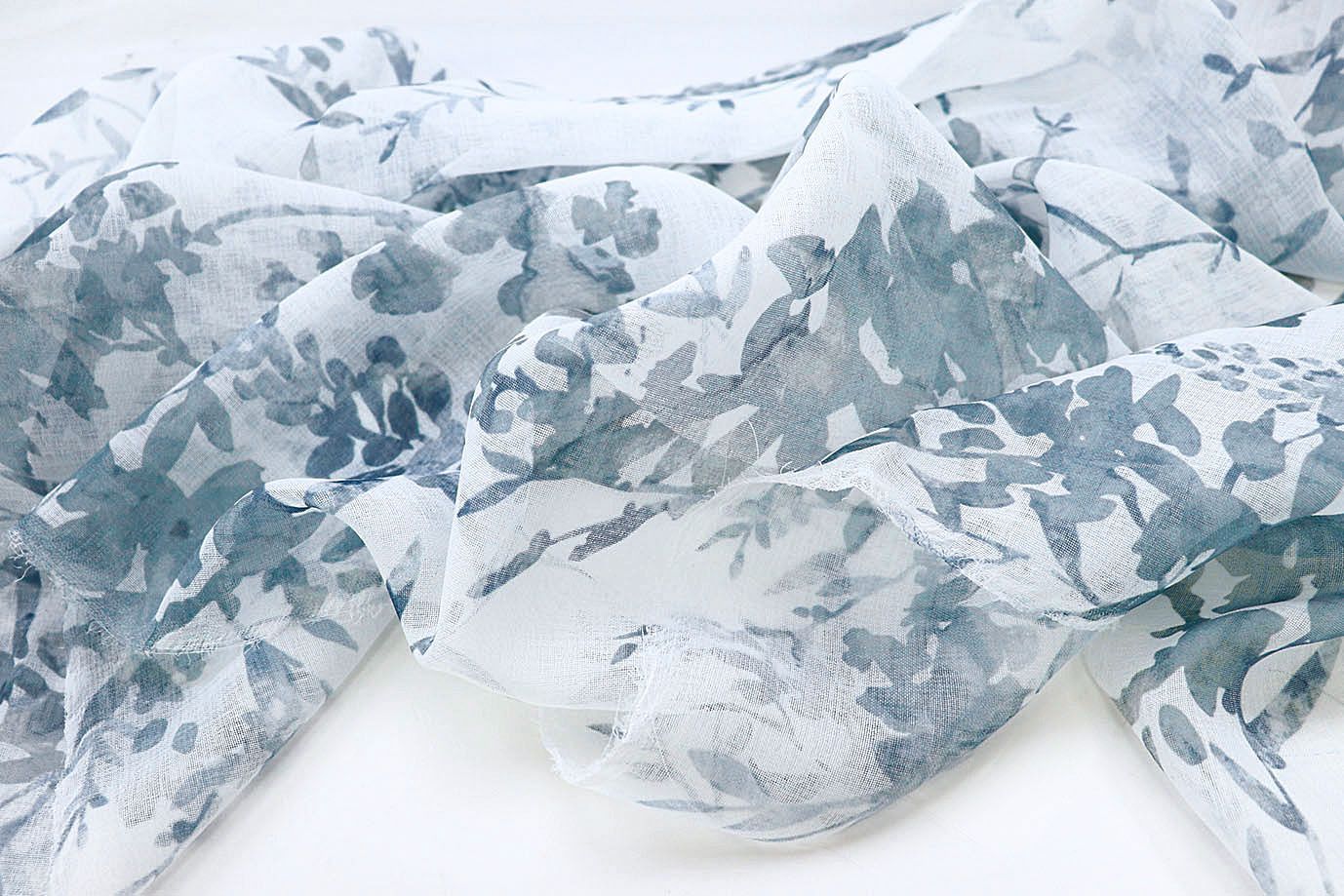 Тюль принт/листья серо-синие WBC23/C#9B