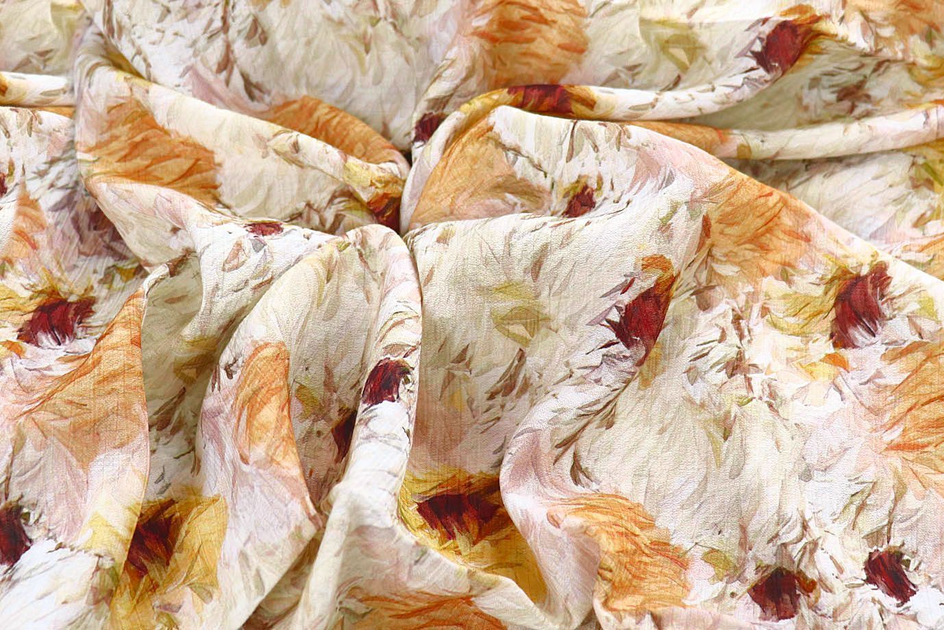 Лен "Медея" принт/цветы коричнево-оранжевые на белом 4097-PY/D#4/C#2