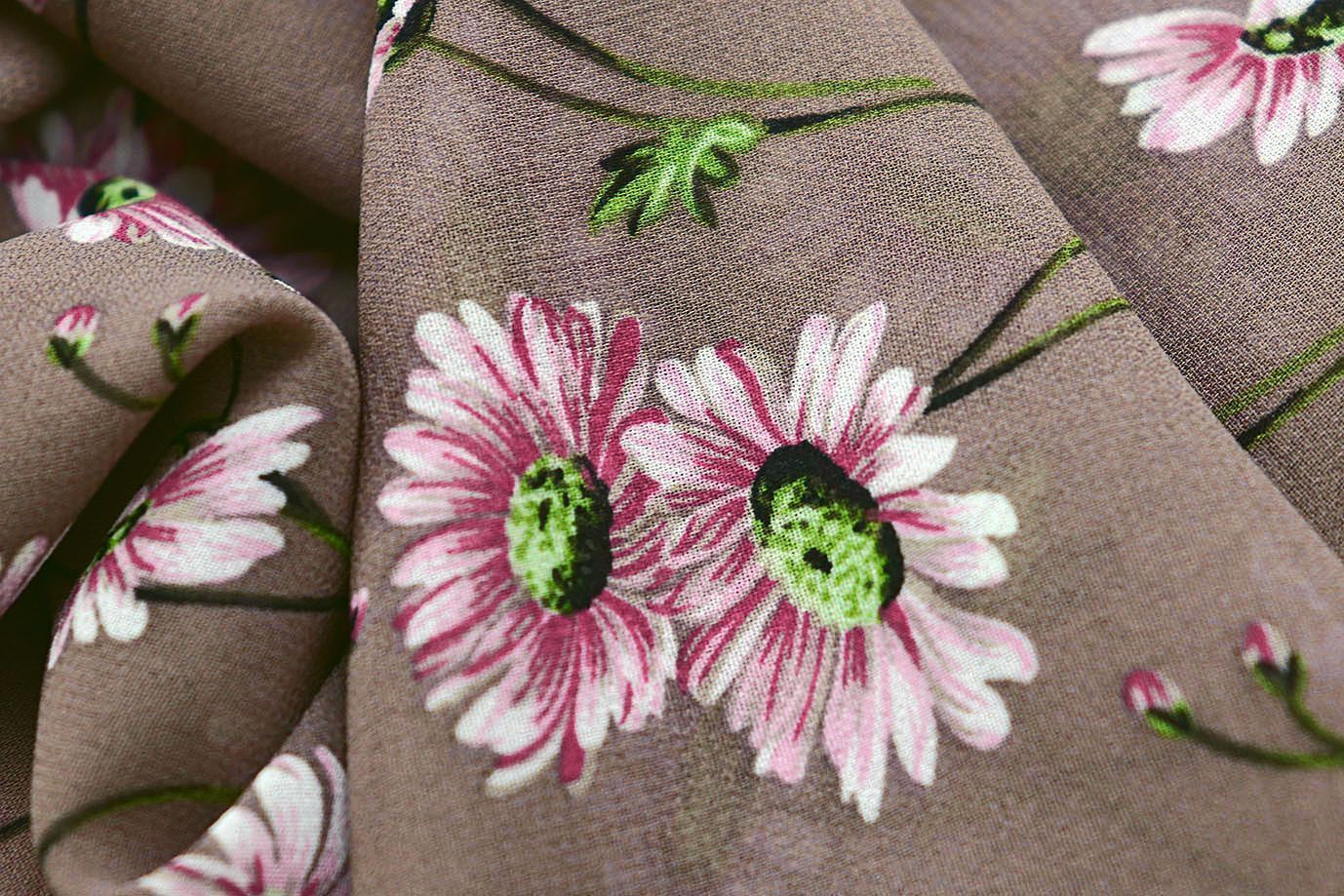 Шифон принт/цветы розовые на серо-коричневом 3707-PY/D#56/C#7