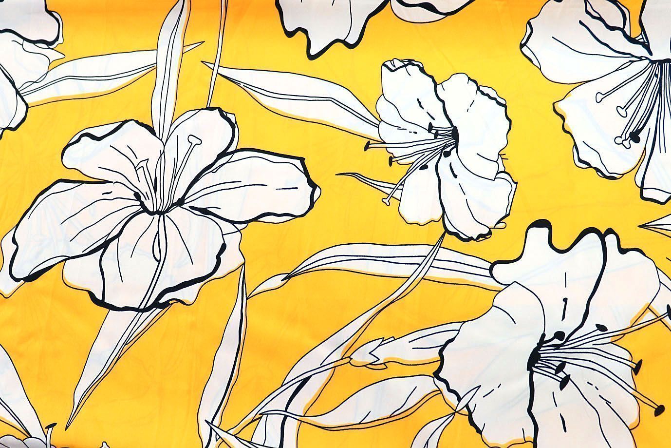 Шелк "Армани" принт/цветы белые на желтом 3361-PY/D#7/C#2