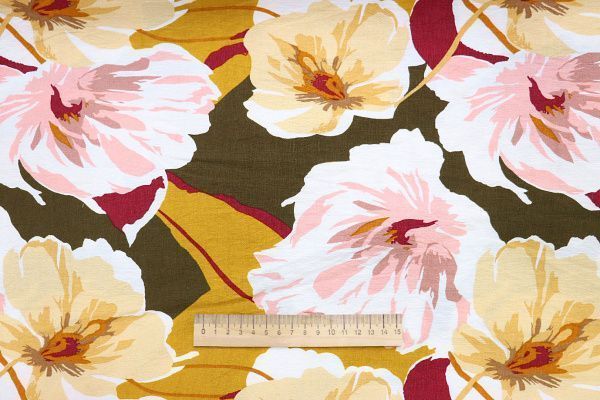 Лен БОХО принт/цветы желто-розовые на болотном 3637-PY/D#3/C#2