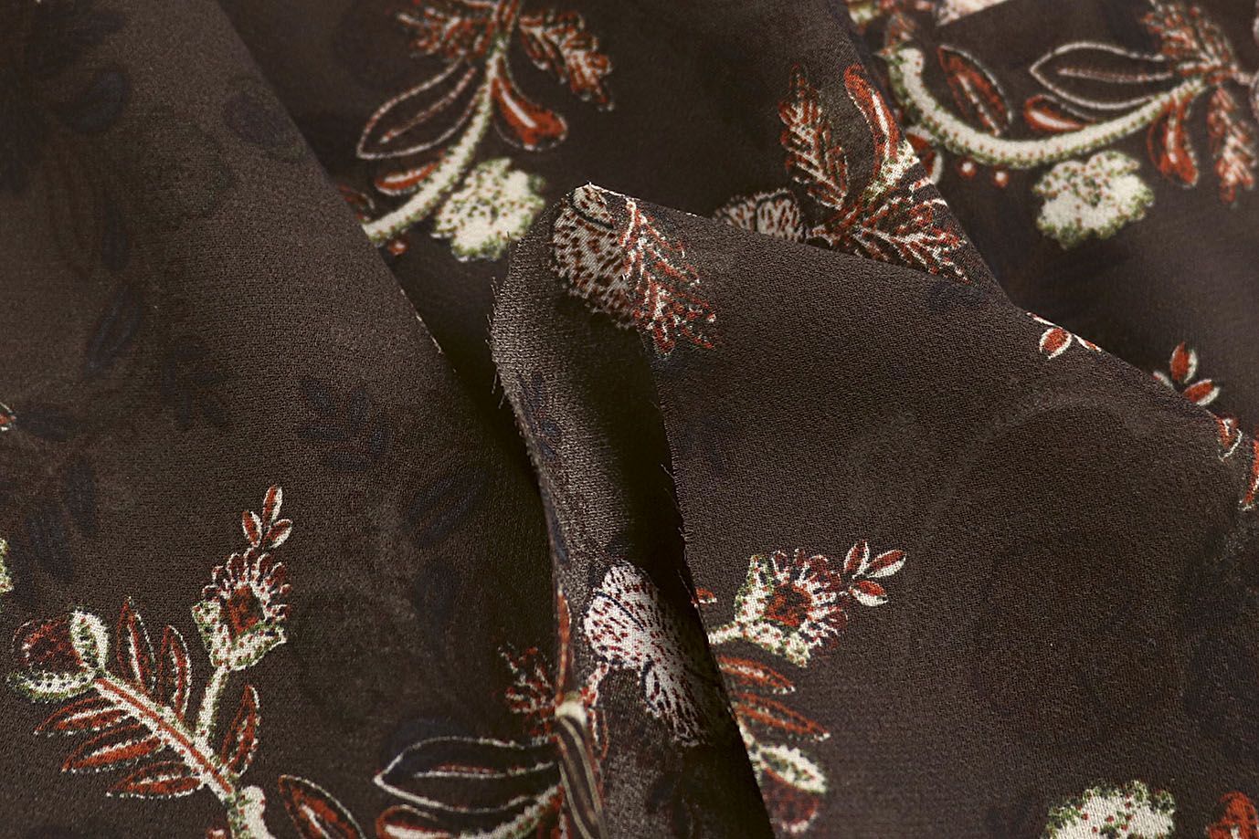 Шифон принт/цветы бежево-красные на коричневом 4247-PY/D#3/C#1