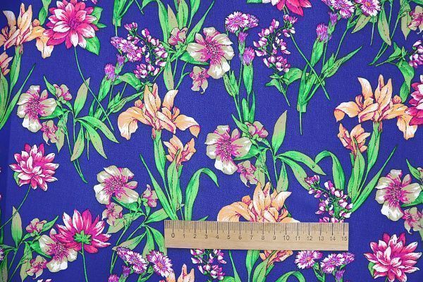 Шифон креп принт/цветы розово-желтые на синем 3639-PY/D#19/C#3