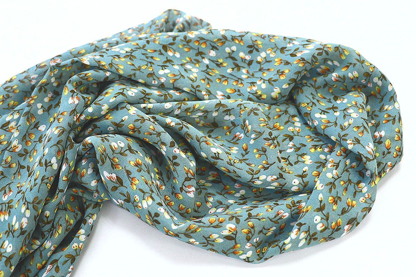 Шифон принт/цветы желто-белые на серо-синем 3707-PY/D#11/C#5