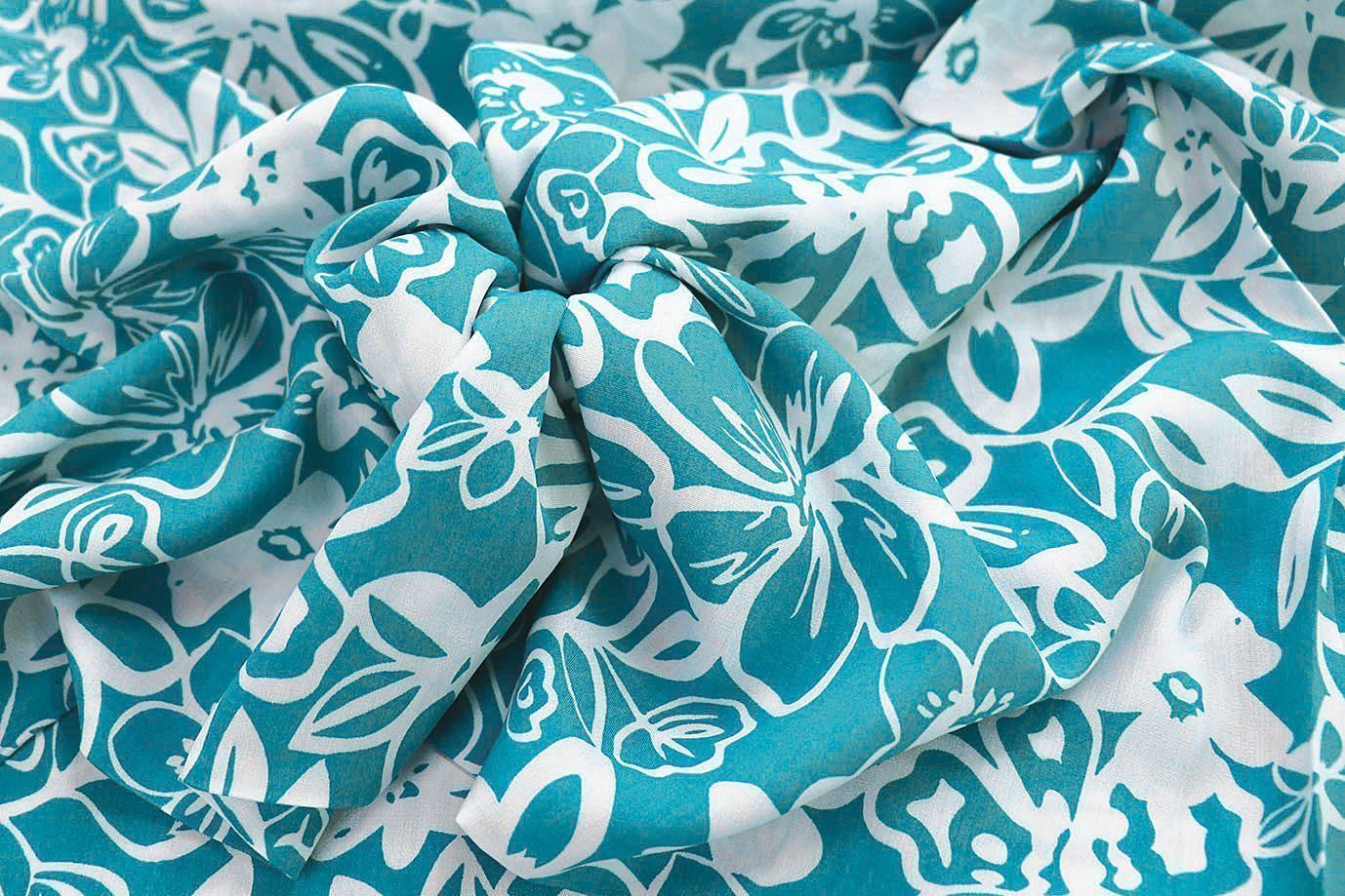 Штапель принт/цветы белые на бирюзовом 1374-PY/D#29/C#3