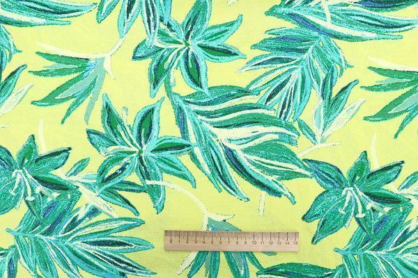 Лен принт/листья зеленые на желтом 3852-PY/D#1/C#1