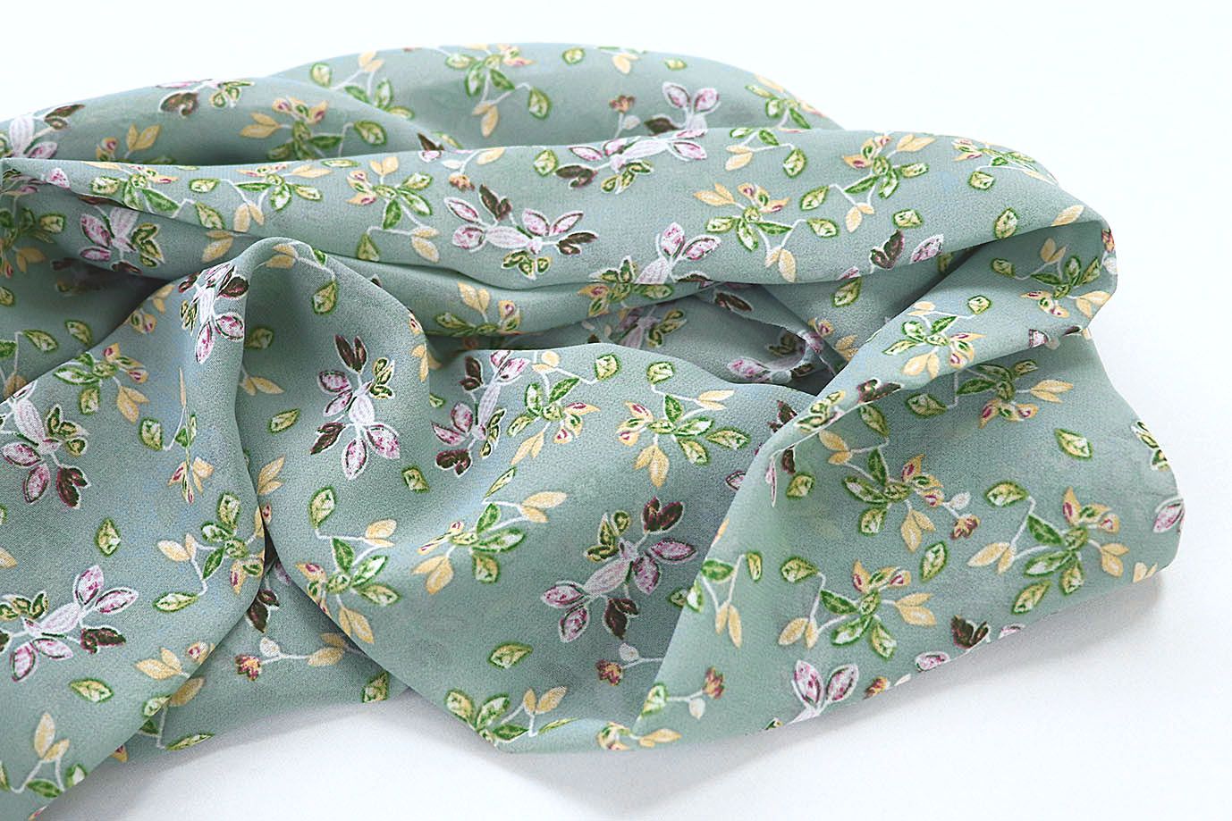 Шифон принт/цветы зелено-желтые на мятном 3707-PY/D#13/C#3