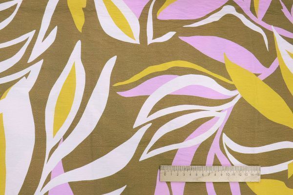 Лен N/R слаб принт/листья розово-желтый на коричневом 3826-PY/D#4/C#1