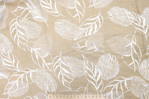 Лен БОХО принт/листья белые на бежевом 12506/D#6/C#1
