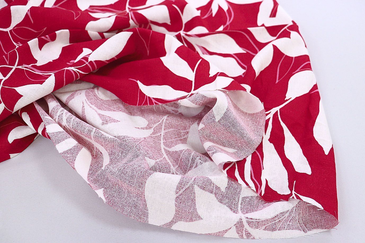 Лен принт/листья белые на красном 3859-PY/D#1/C#4