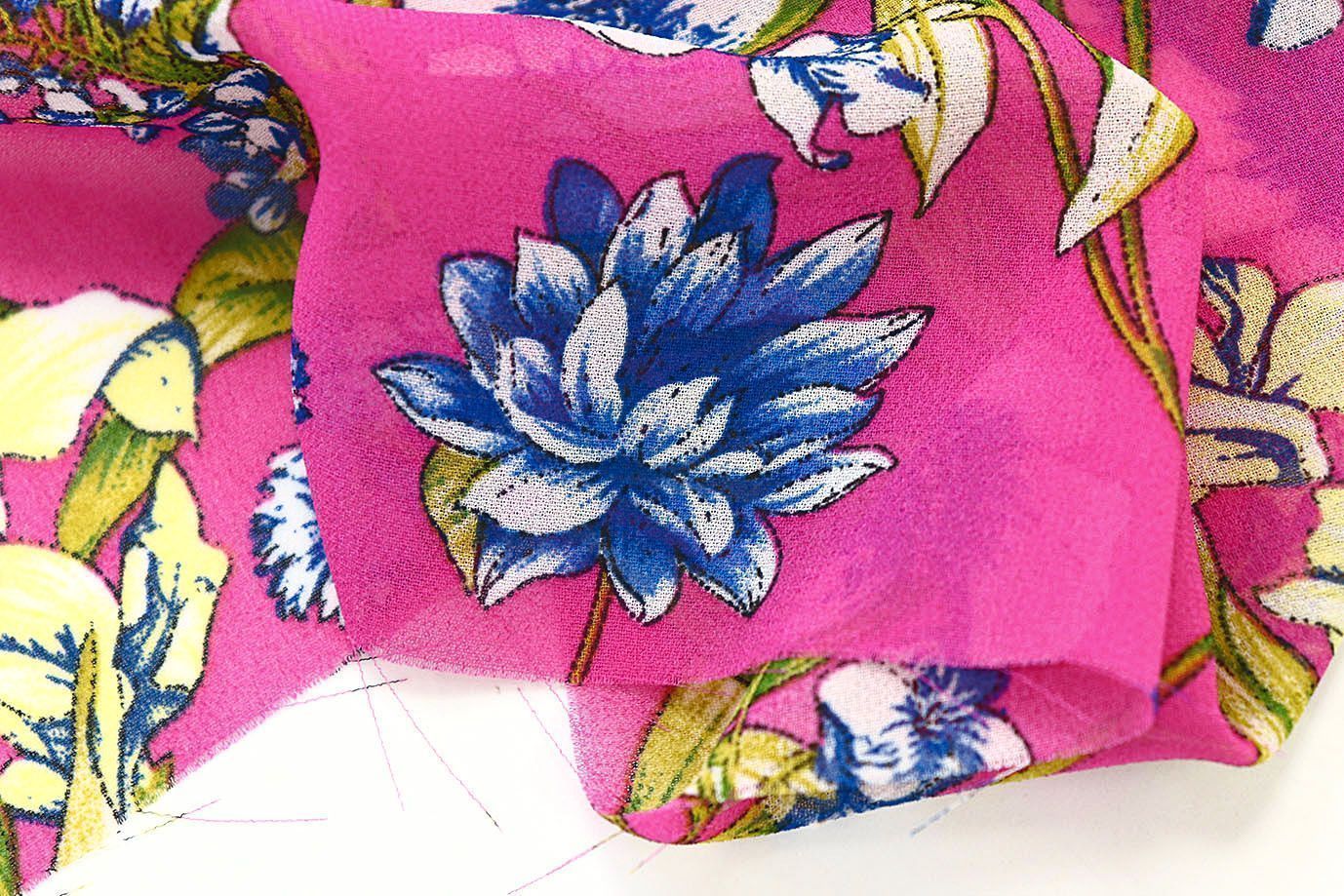 Шифон креп принт/цветы сине-желтые на розовом 3639-PY/D#19/C#1