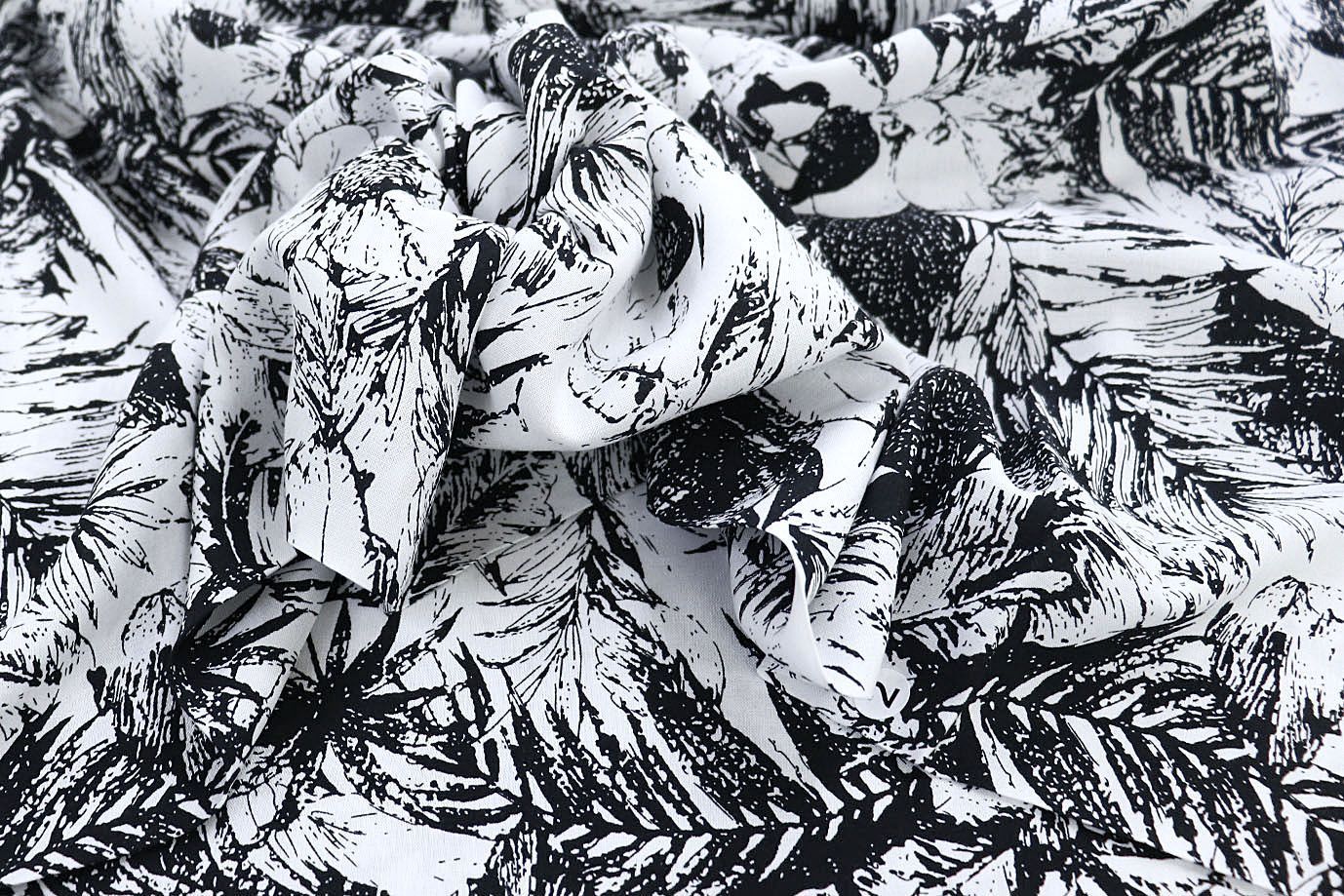 Штапель принт/листья черные на белом 3861-PY/D#19/C#2