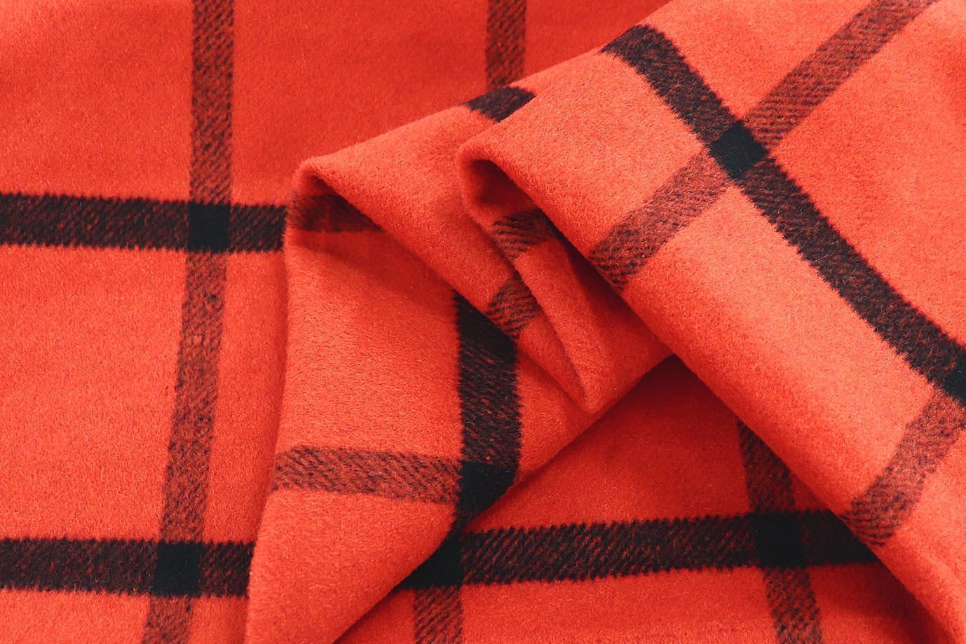 Пальтовая ткань "Микроворса" принт/клетка черная на коралловом 778-90135/C#8020-2