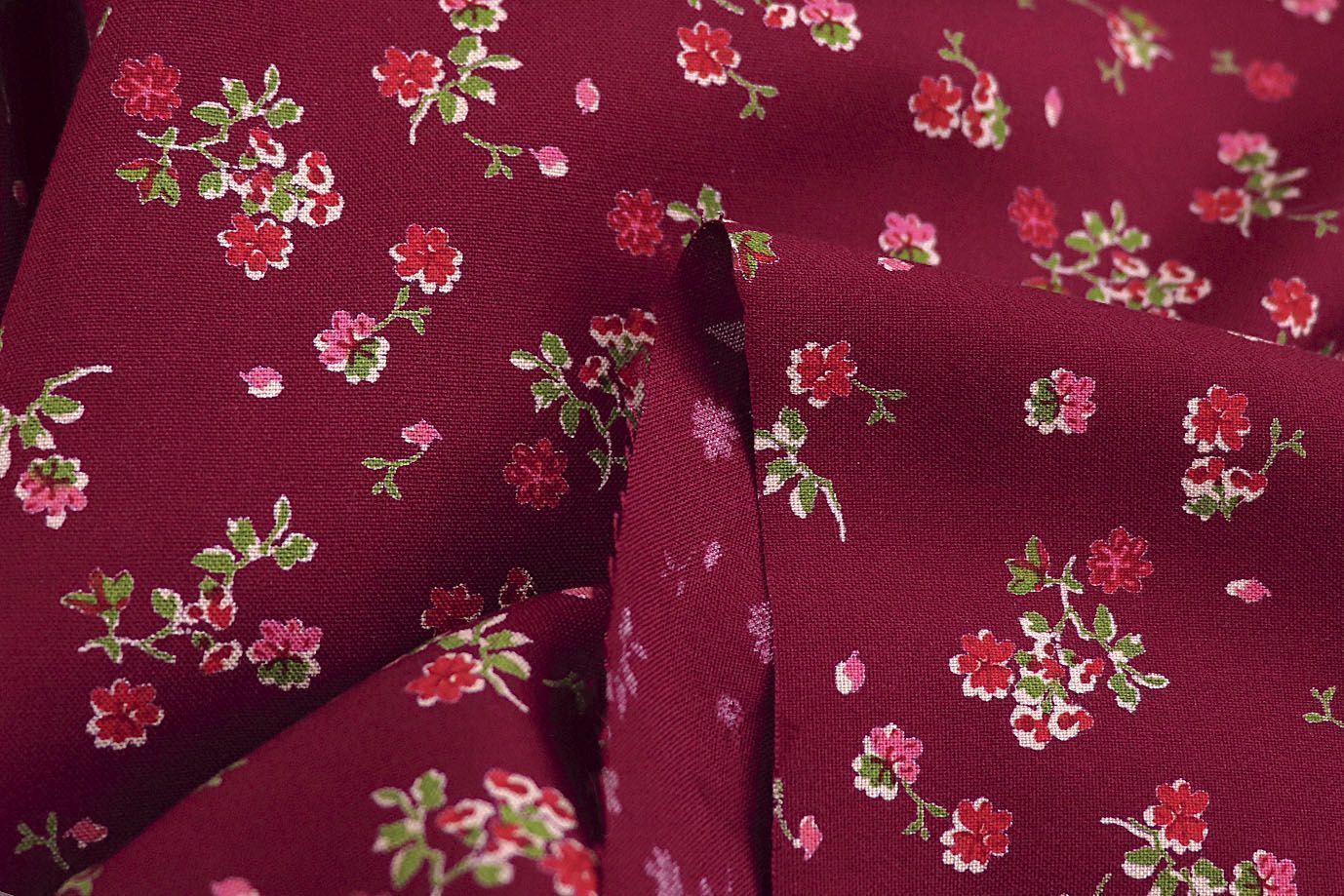 Штапель принт/цветы розово красные на бордовом 1466-PY/D#5/C#1