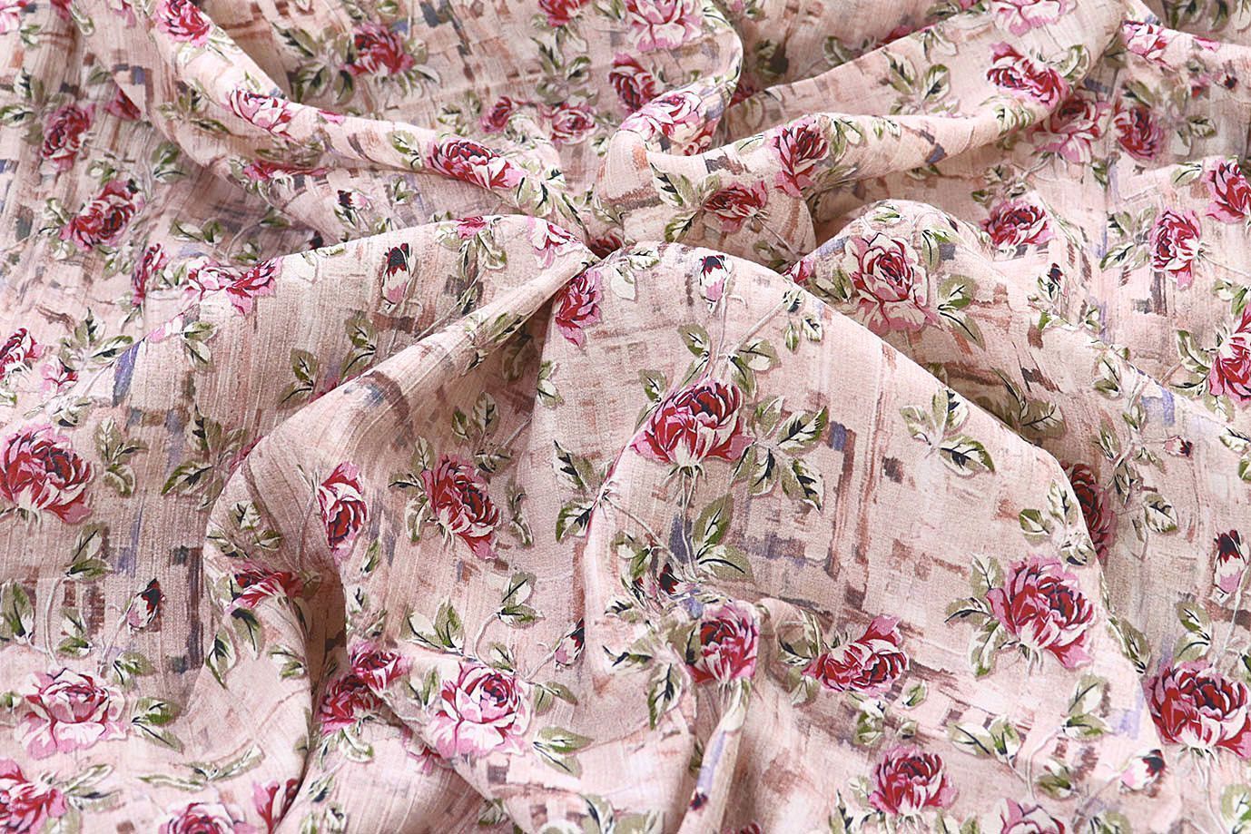Лен "Медея" принт/цветы розовые на бежевом 4097-PY/D#1/C#1