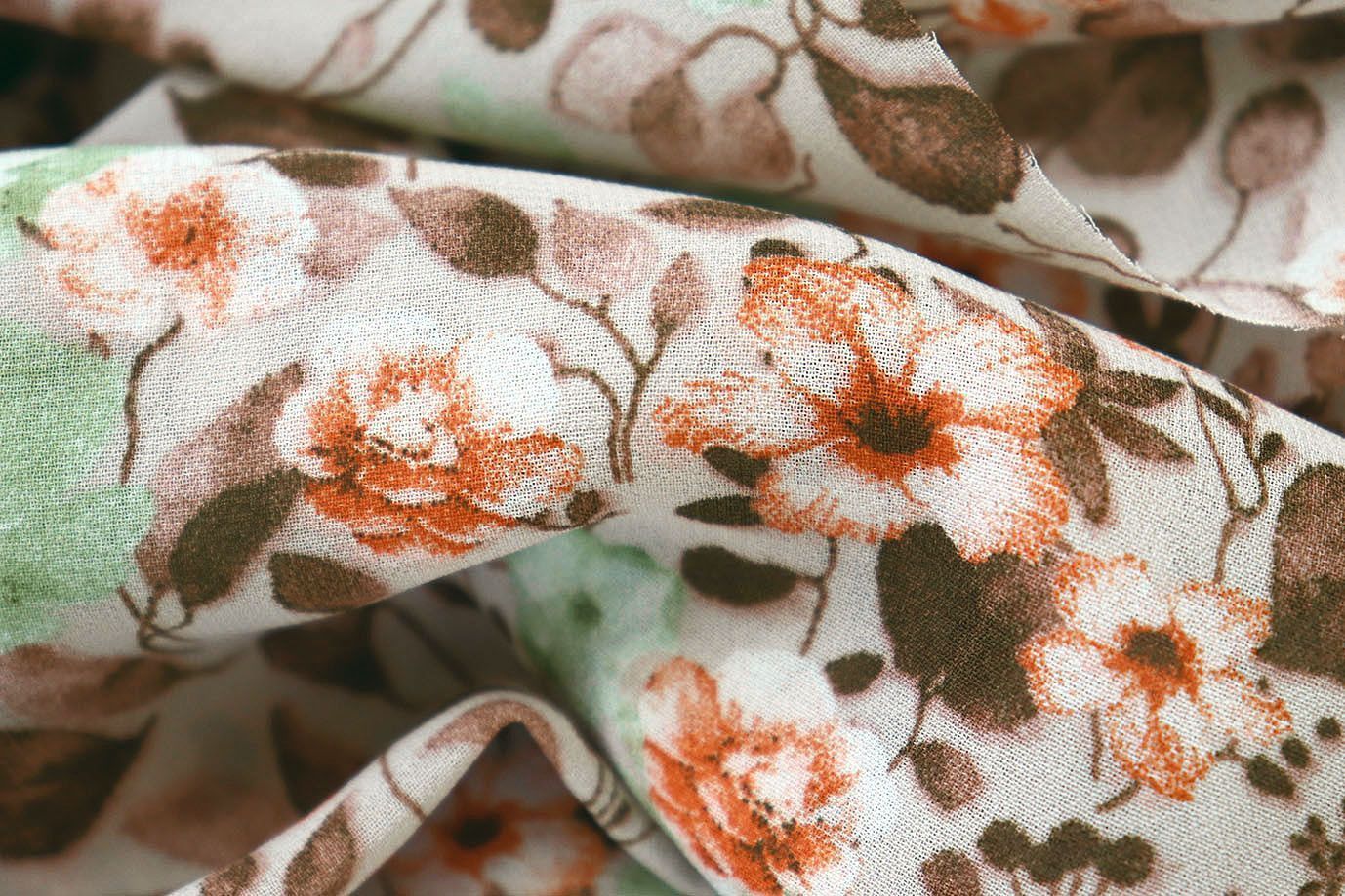 Шифон принт/цветы оранжево-зеленые на бежевом 3707-PY/D#58/C#3