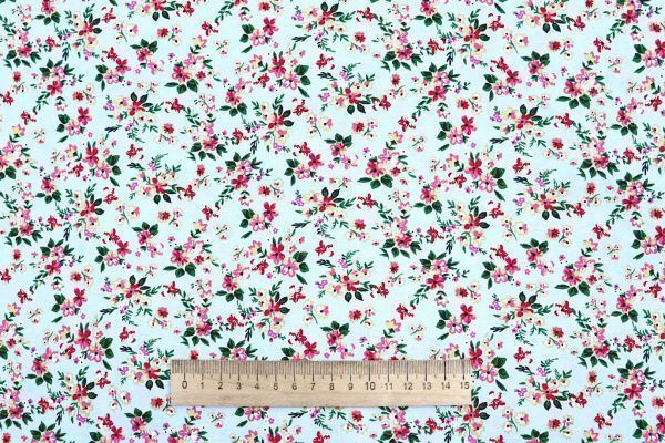 Штапель принт/цветы малиново-зеленые на голубом 4205-PY/D#13/C#4