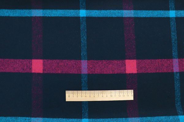 Пальтовая ткань "Микроворса" принт/клетка малиново-голубая на черном 778-90135/C#8040-3