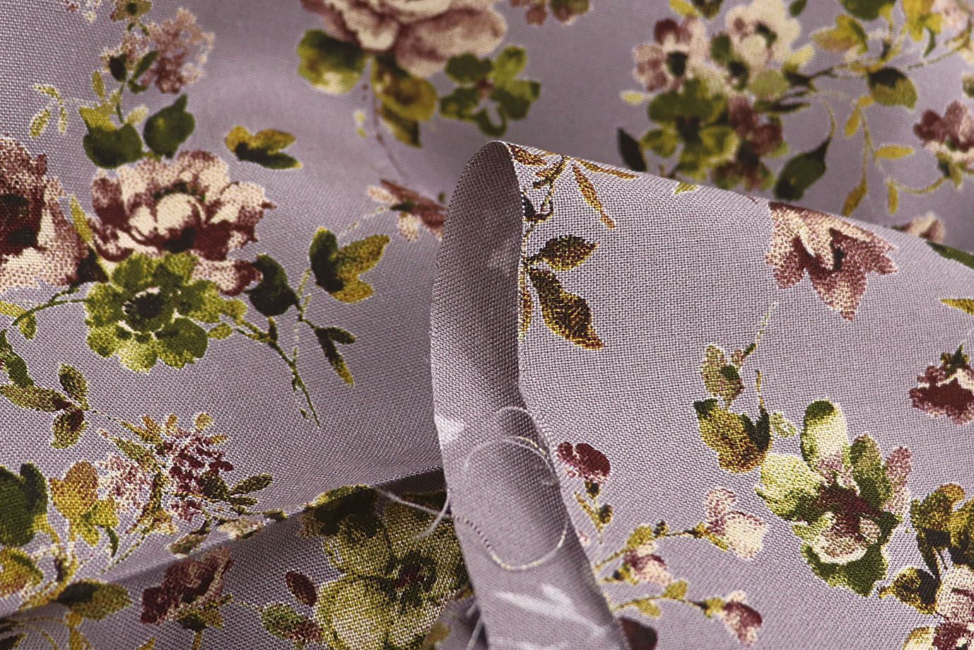 Штапель принт/цветы коричнево-зеленые на бледно-розовом 1466-PY/D#1/C#4