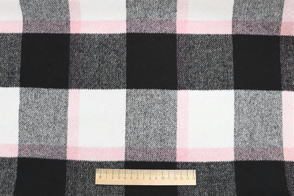 Пальтовая ткань "Микроворса" принт/клетка черно-розовая на белом 778-90135/C#8033-1