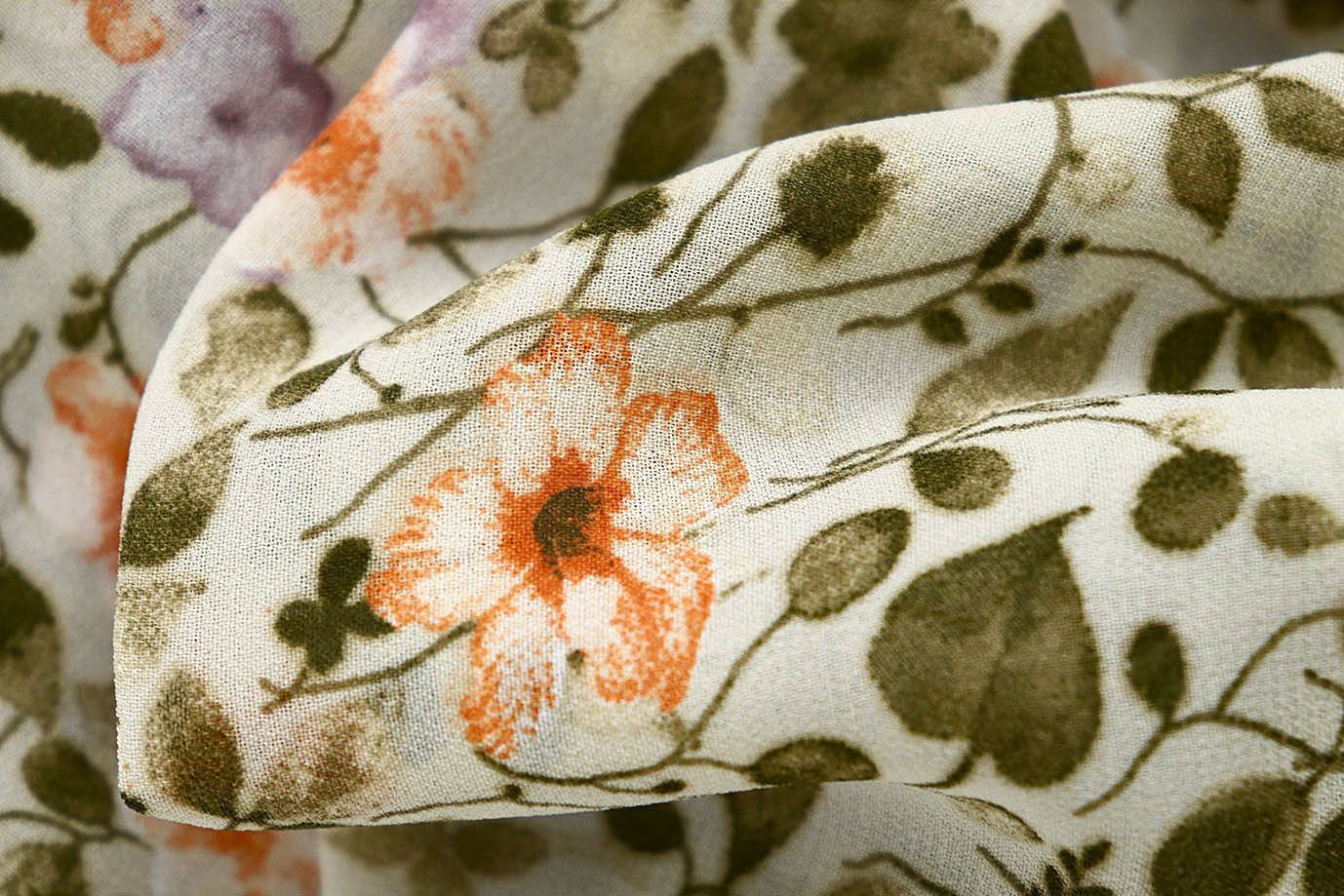 Шифон принт/цветы оранжево-сиреневые на бежевом 3707-PY/D#58/C#5