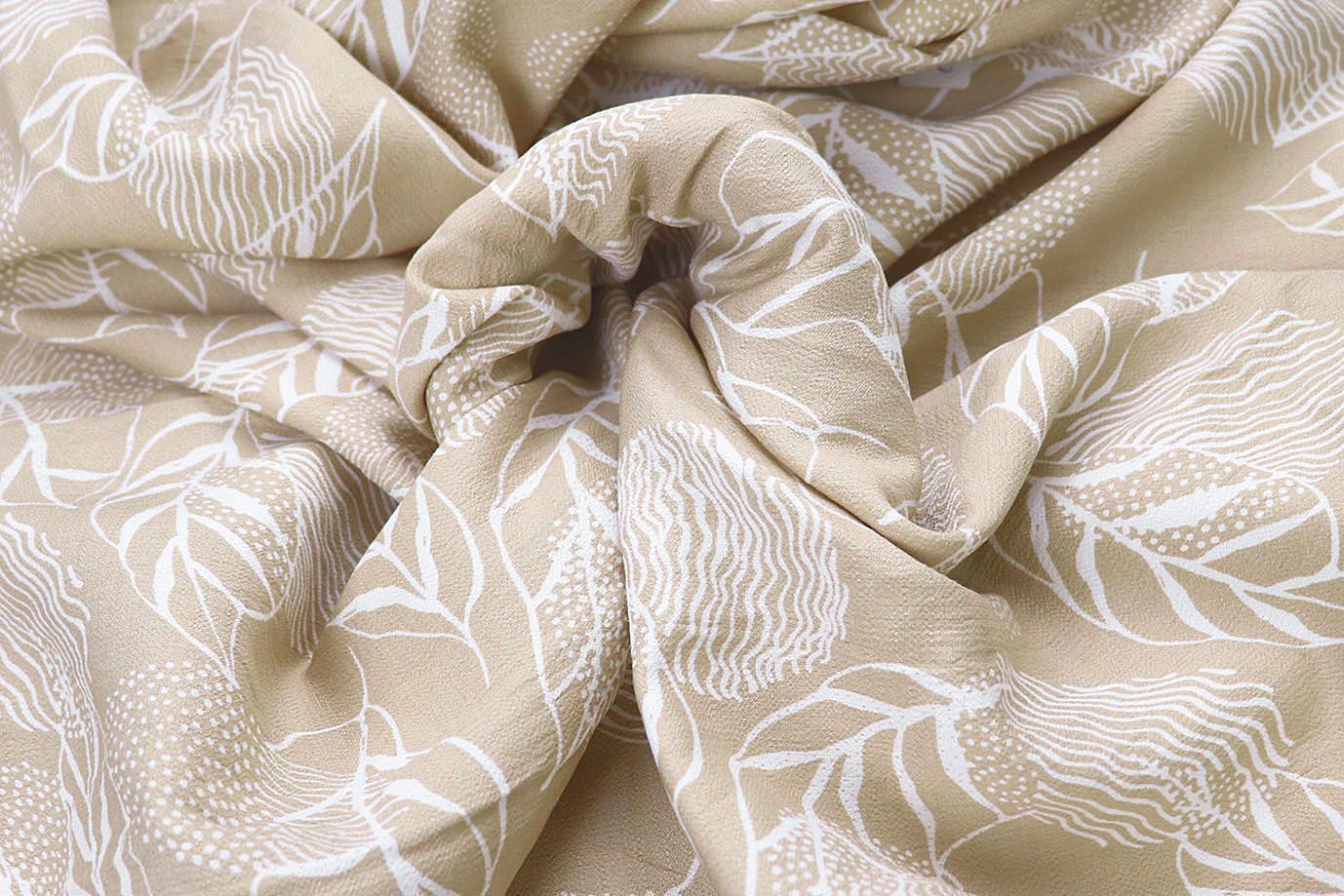 Лен БОХО принт/листья белые на бежевом 12506/D#6/C#1