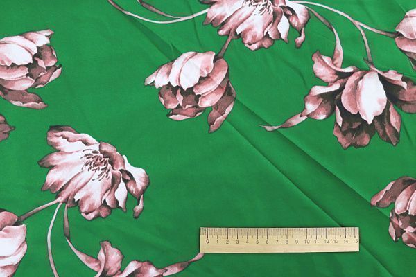 Сатин "Виктория" принт/цветы розово-белые на зеленом 3610-PY/D#6/C#3