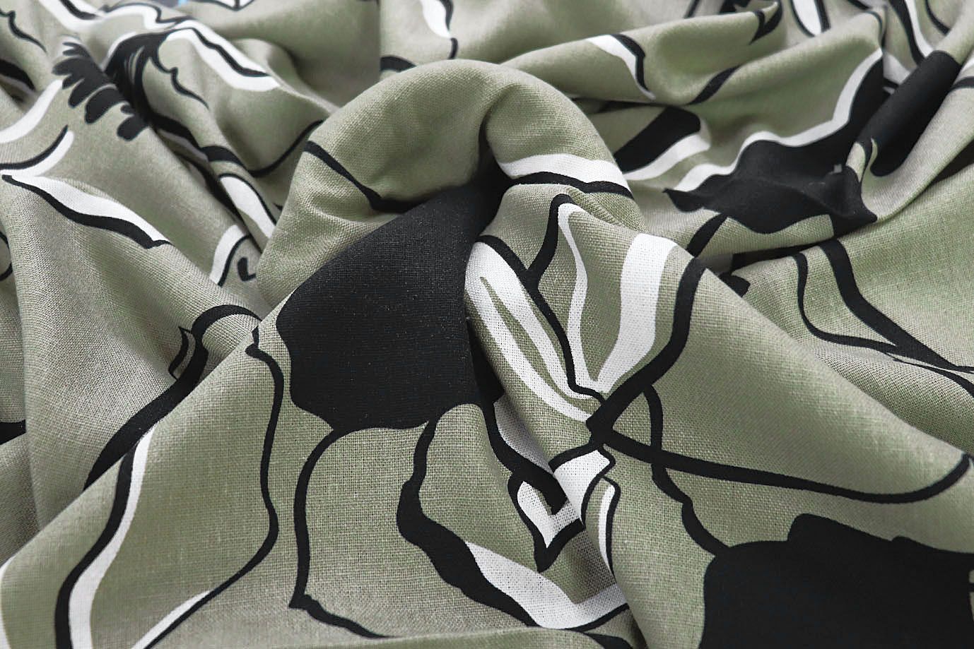 Лен принт/цветы черно-белые на болотном 3852-PY/D#2/C#2