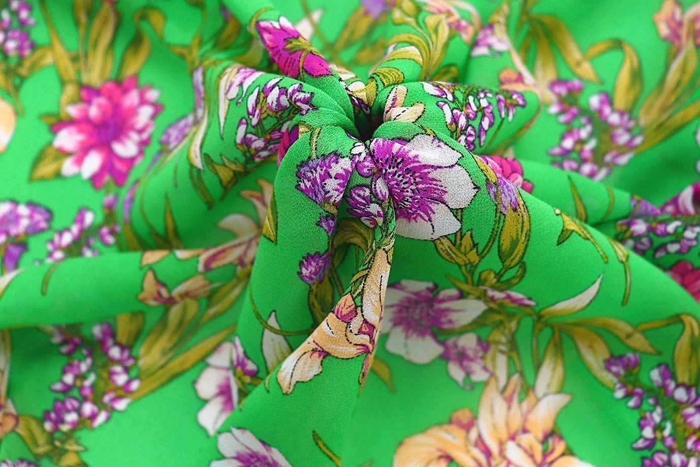 Шифон креп принт/цветы розово-желтые на зеленом 3639-PY/D#19/C#2